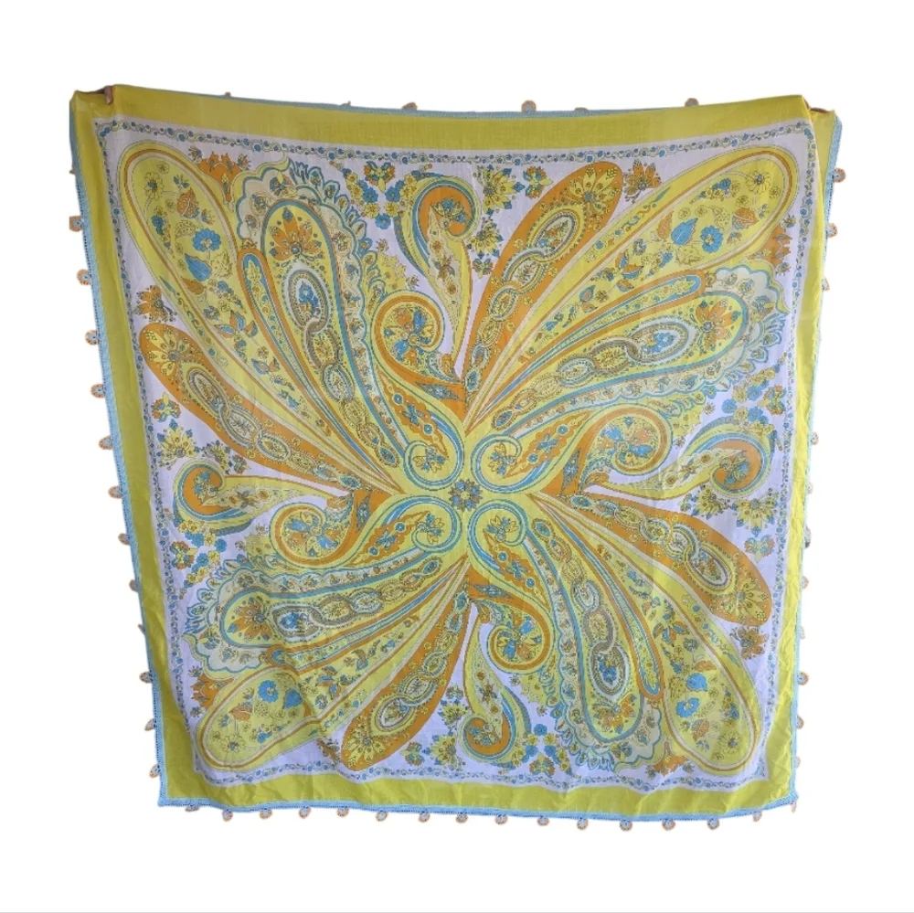 Vintage Huge Scarf Wrap Crochet Trim Resortwear Yellow Paisley Scarf